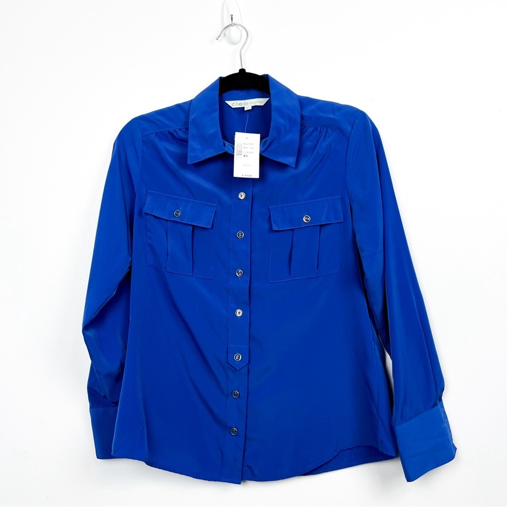 NWT Cleo Petites Long Sleeve Blue Button-Up Blouse